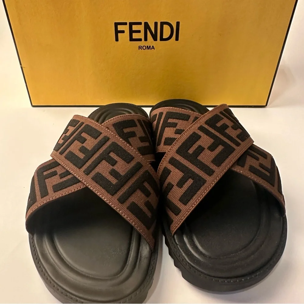 Fendi Men's Black and Brown Logo Slide Sandals - Picture 5 of 7